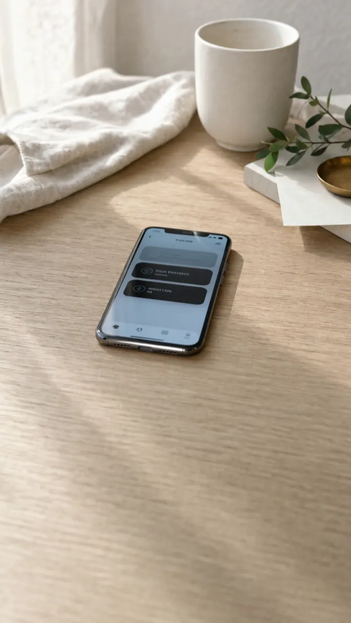 Une main pose un téléphone sur une table, l'écran s'allume.